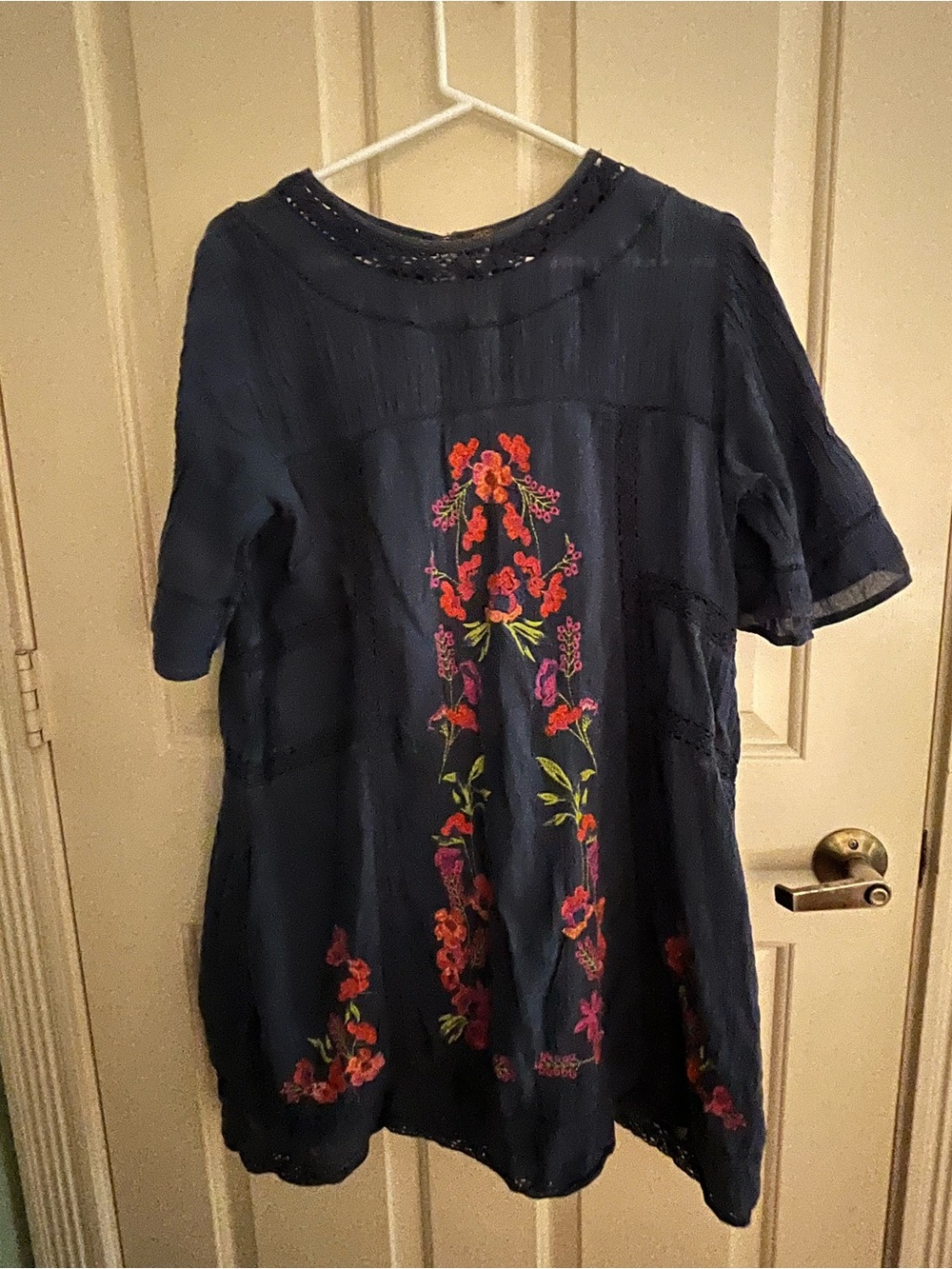 Free People Navy Embroidered Floral Short-Sleeve Dress